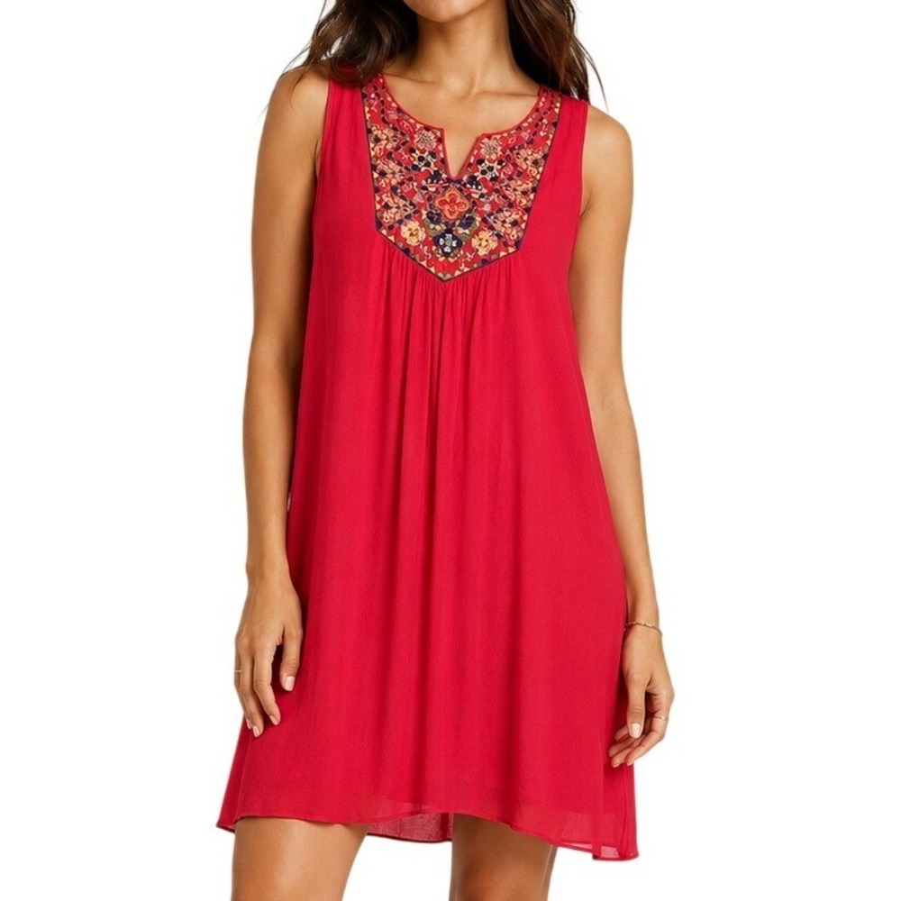 Luxology Women Pink Boho Embroidered Bib Sleeveless Mini Dress Size 10 Lined